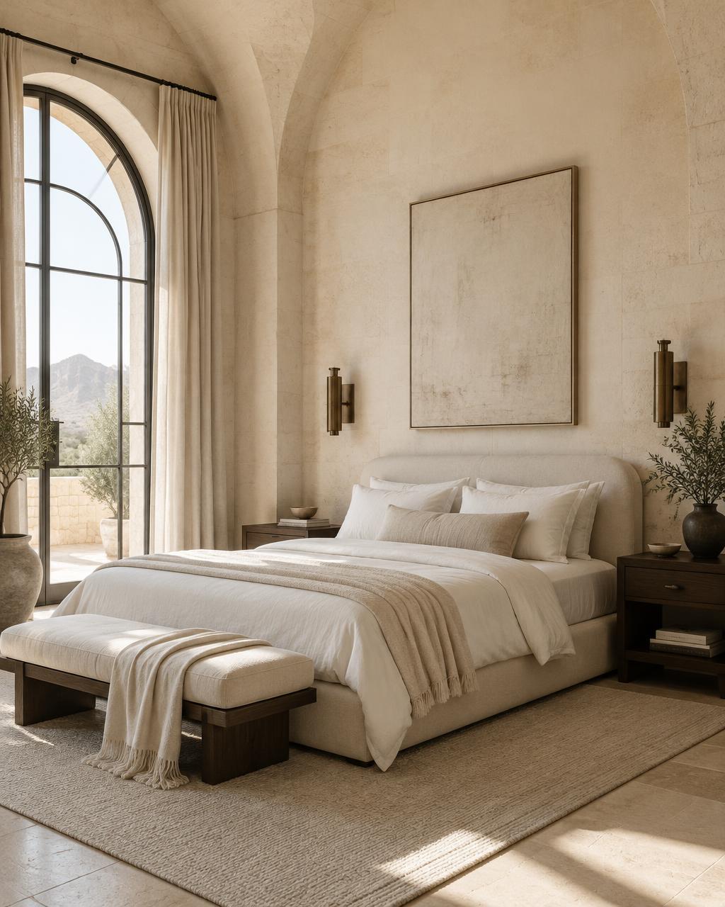 Bella Vie Interior Design inspiration — tranquil ivory bedroom with warm bronze accents